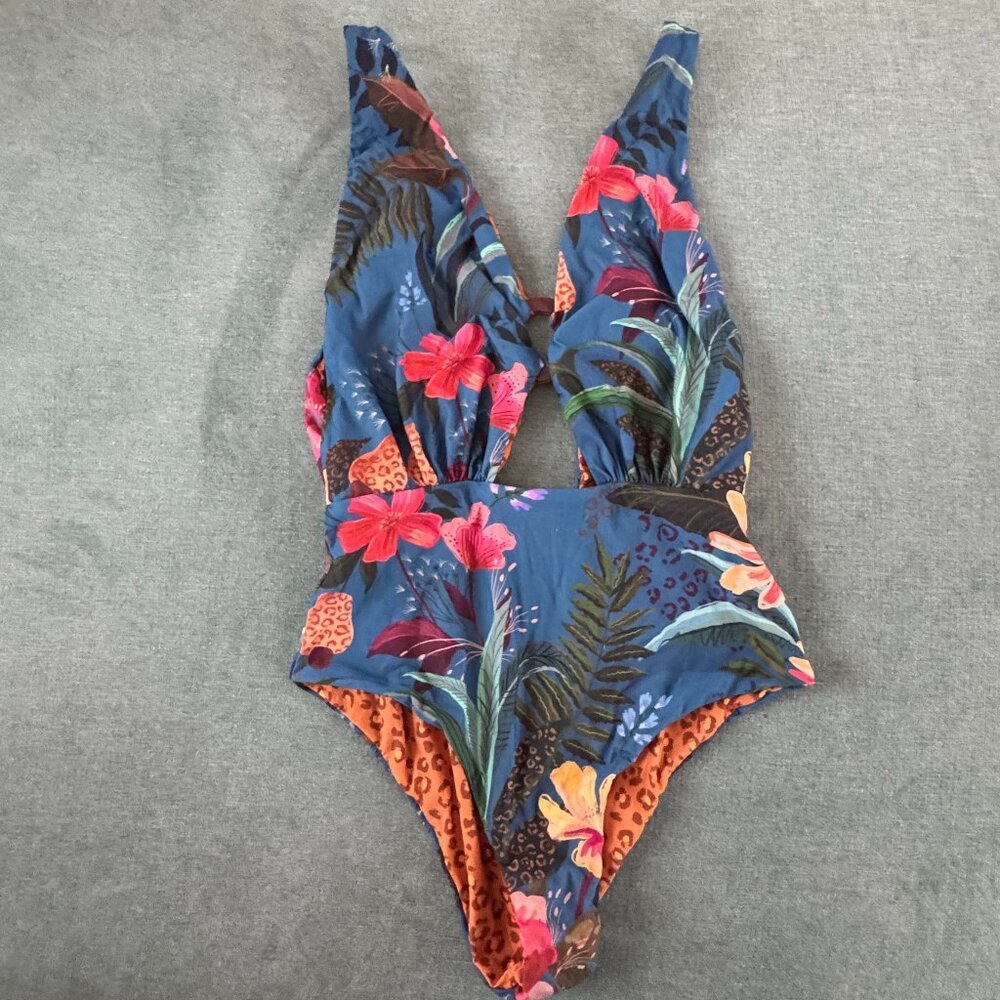 FARM RIO One-Piece Bathing Suit - Reversible Blue Floral/Cheetah print | Size M